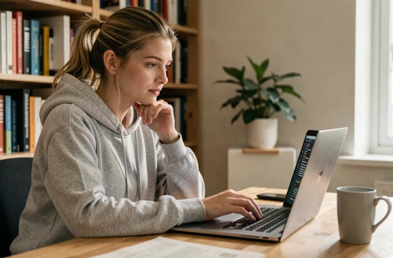 Jeune femme apprenant la programmation informatique sur un ordinateur portable dans un bureau à domicile moderne