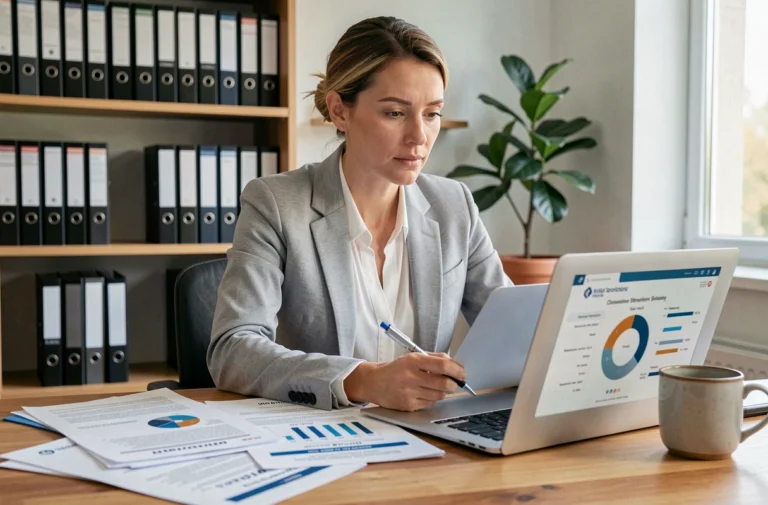 Femme comparant des offres d'assurance sur des documents imprimés dans un bureau à domicile moderne