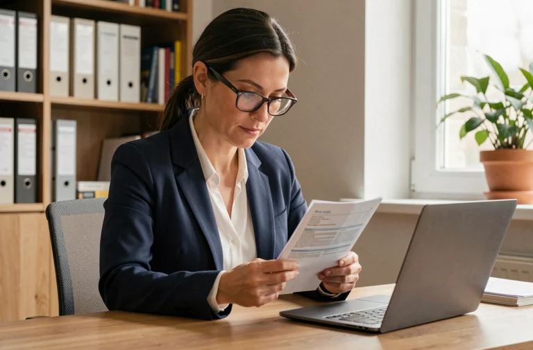 Femme d'une quarantaine d'années qui compare des documents de mutuelle santé à son bureau à domicile
