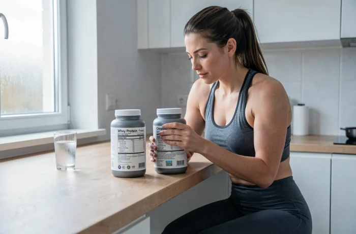 Femme sportive comparant des compléments alimentaires whey et créatine sur un comptoir de cuisine moderne, dans le cadre d'une routine nutritionnelle sportive