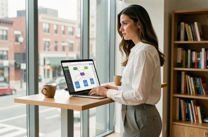 Femme consultant une architecture de site web sous forme de diagramme de navigation sur laptop