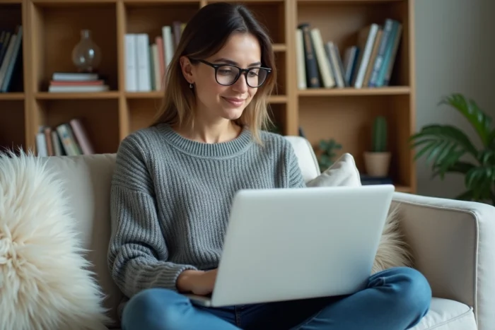 Femme consultant le plan du site francemedicale.net sur un ordinateur portable depuis son espace de travail à domicile