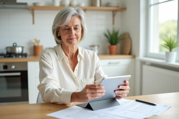 Femme consultant un email relatif à un crédit Cetelem sur une tablette dans une cuisine moderne