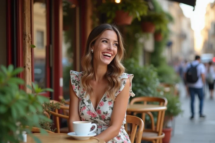 Jeune femme élégante souriant dans un café parisien, portrait lifestyle pour article sur la vie amoureuse de Nabil Fekir