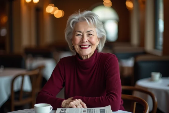 Femme élégante de 75 ans avec un rouge à lèvres bordeaux souriant dans un café parisien