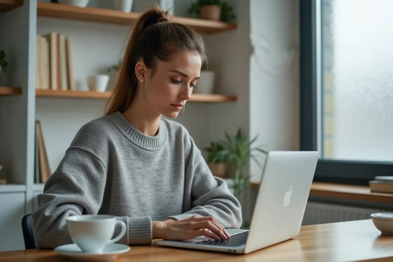 Femme rédigeant un email à Cetelem sur un ordinateur portable dans un bureau à domicile