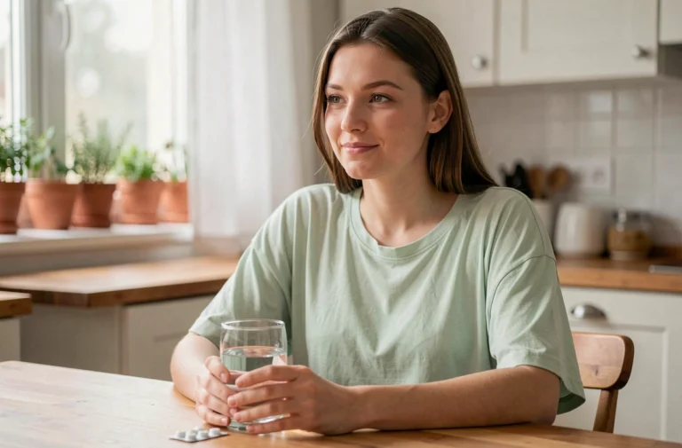 Femme enceinte tenant un verre d'eau à côté d'une boîte de Cariban pour soulager les nausées de grossesse