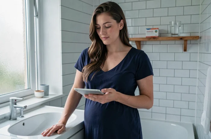 Femme enceinte dans la salle de bain tenant un comprimé de Cariban pour traiter les nausées matinales
