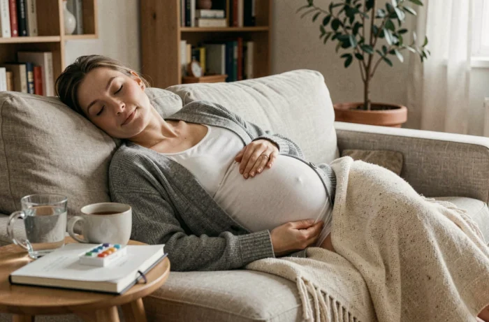 Femme enceinte allongée sur un canapé avec un médicament antiémétique contre les nausées de grossesse
