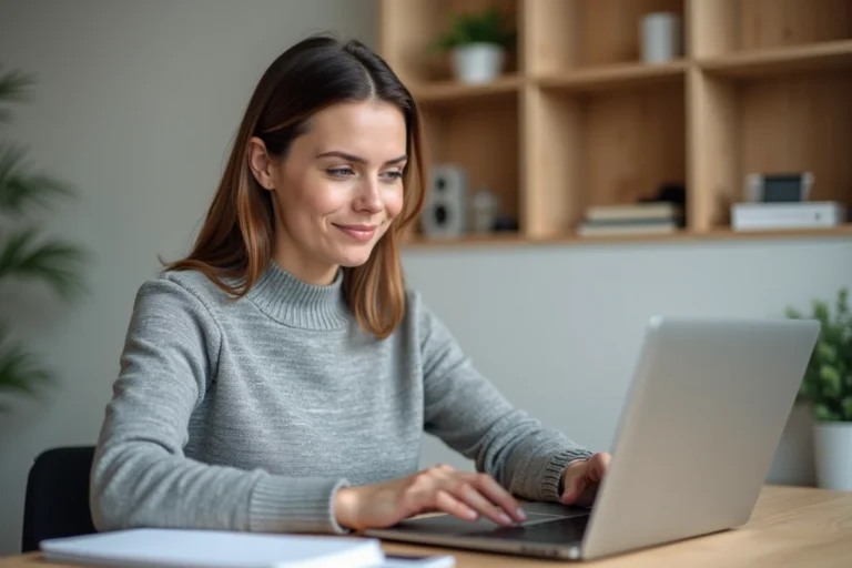 Femme consultant l'historique d'impression sur un MacBook Pro dans un bureau à domicile moderne