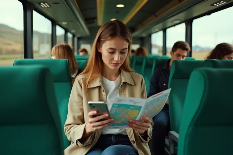 Jeune femme consultant son pass Interrail et son téléphone à bord d'un bus FlixBus en Europe