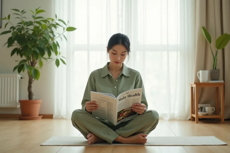 Femme lisant un magazine de santé dans un salon lumineux et minimaliste