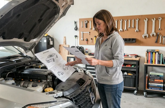 Femme consultant un manuel technique automobile dans un garage domestique