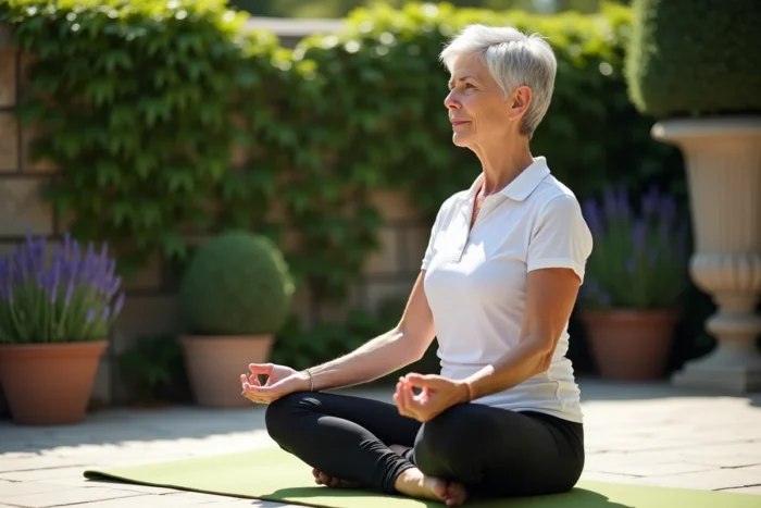 Femme senior pratiquant la méditation sur une terrasse entourée de verdure