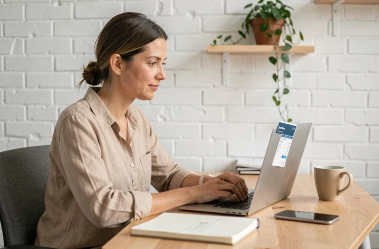 Femme auto-entrepreneuse travaillant sur sa comptabilité depuis son bureau à domicile avec un ordinateur portable