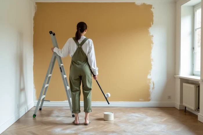 Femme appliquant de la peinture blanche sur un mur en rénovation avec rouleau, bâche de protection et parquet, astuces bricolage intérieur