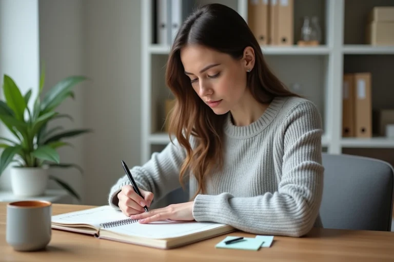 Femme organisant son planning hebdomadaire dans un agenda ouvert sur un bureau en bois, entouré de notes autocollantes et d'un café, dans un bureau à domicile soigné