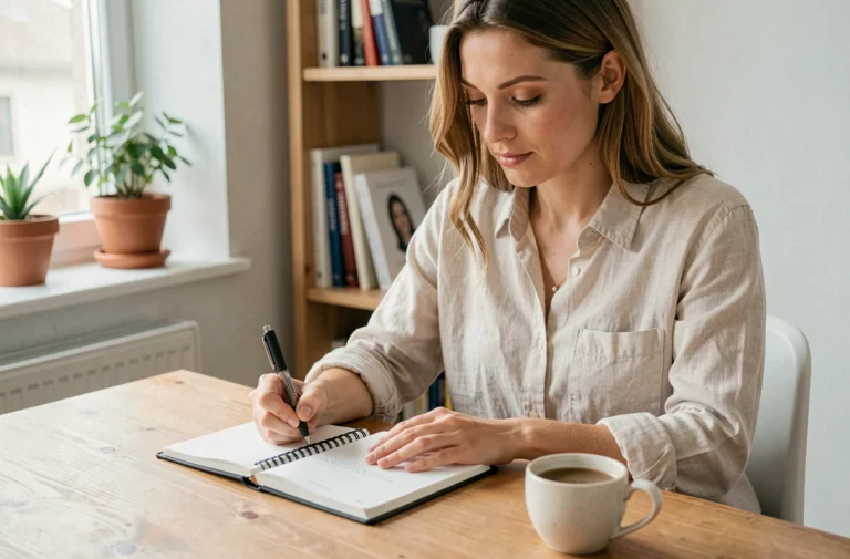 Femme organisée écrivant dans un agenda pour planifier son autonomie au quotidien dans un bureau minimaliste