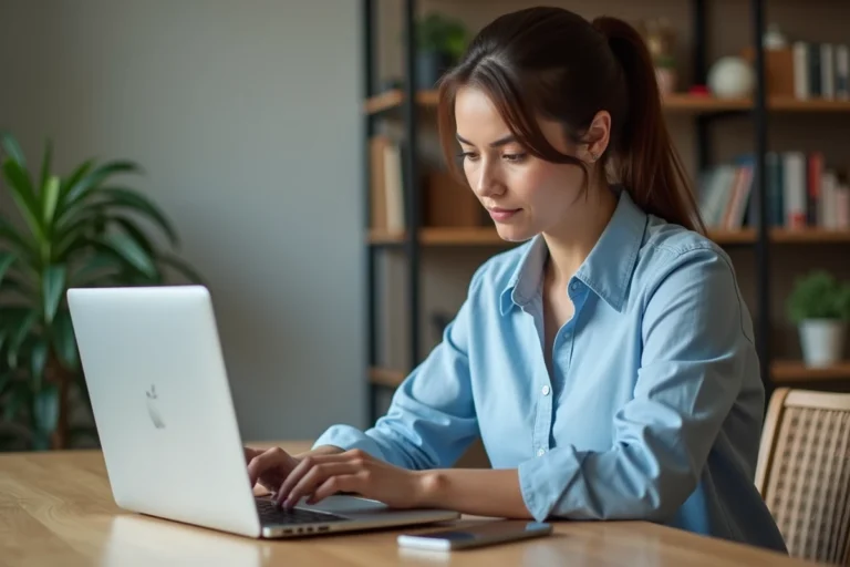 Femme cherchant un emploi en ligne sur son ordinateur portable dans un bureau à domicile moderne