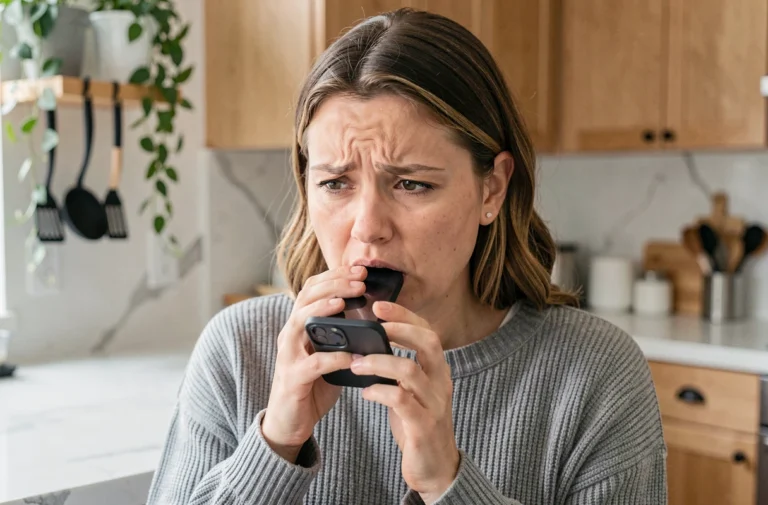 Femme frustrée tenant un smartphone et essayant d'utiliser la recherche vocale sans succès dans une cuisine moderne