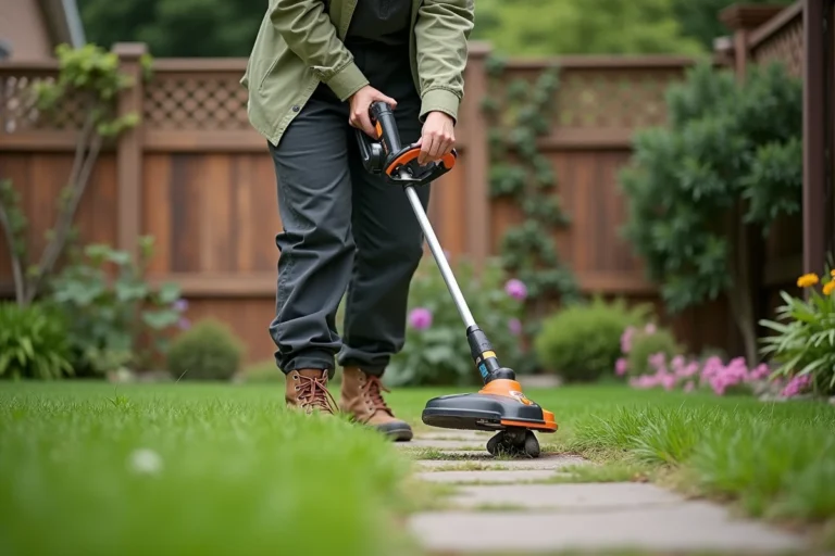 Femme utilisant un rotofil électrique pour délimiter les bordures d'un jardin soigné