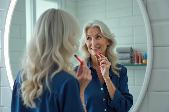 Femme de 78 ans vérifiant son rouge à lèvres corail dans un miroir de salle de bain moderne