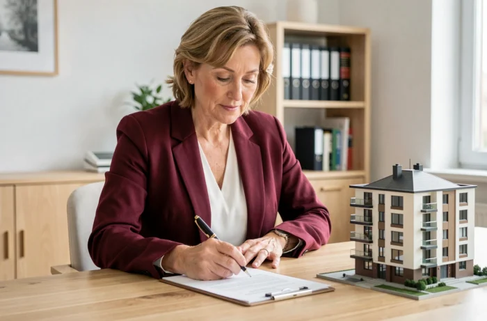 Femme signant des documents d'achat immobilier dans le bureau d'un conseiller financier avec maquette de résidence neuve