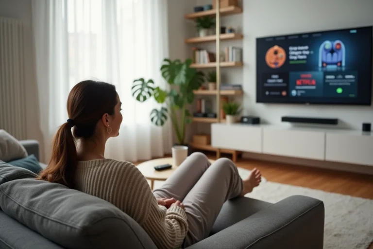 Femme regardant un service de streaming vidéo sur sa télévision dans son salon moderne