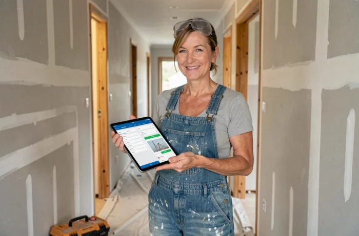 Femme supervisant un projet de rénovation intérieure avec une tablette numérique
