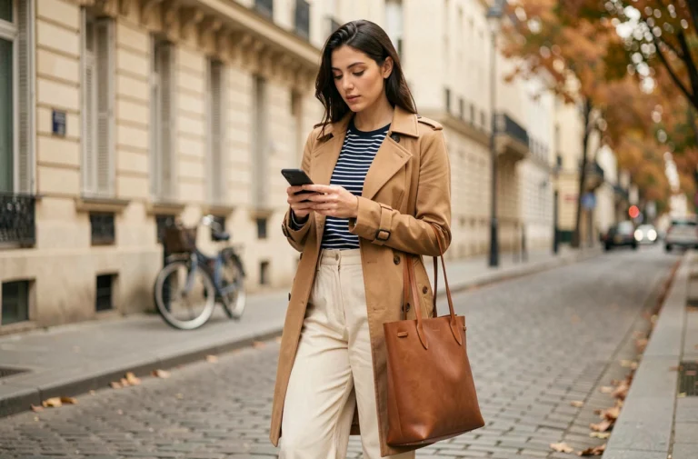 Femme élégante en trench coat camel dans une rue parisienne pavée, style mode automne tendance