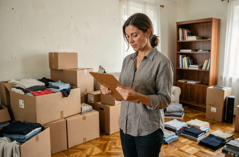 Femme triant des affaires dans un salon encombré de cartons pour vider sa maison