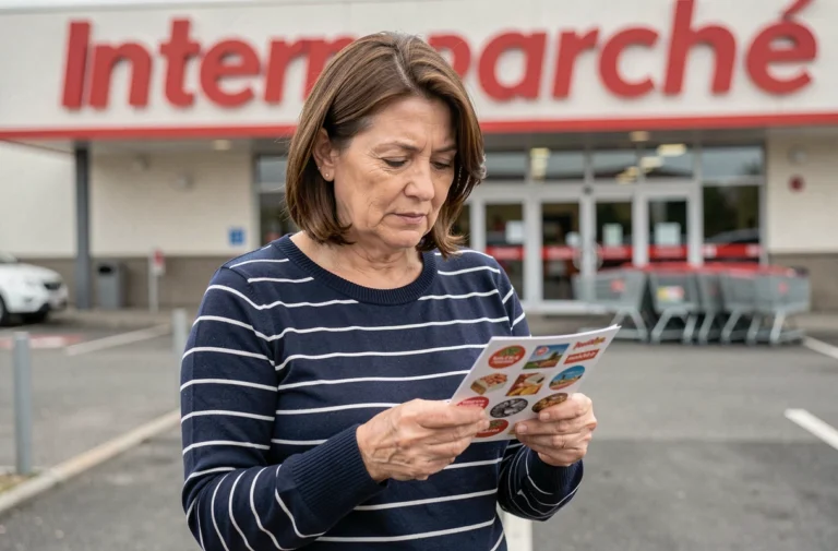Femme tenant un carnet de vignettes Intermarché Armor Lux 2026 devant l'entrée d'un supermarché