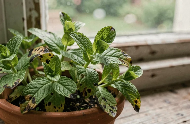 Feuilles de menthe dans un pot en terre cuite avec des taches noires et noircissement sur certaines feuilles, posées sur un rebord de fenêtre en bois