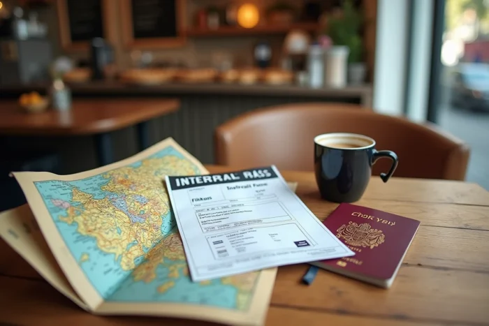 Flat lay de voyage avec pass Interrail, billet FlixBus, passeport et carte de l'Europe sur une table de café