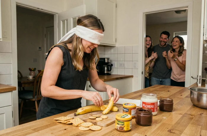 Femme au défi culinaire improvisé dans une cuisine avec des ingrédients insolites