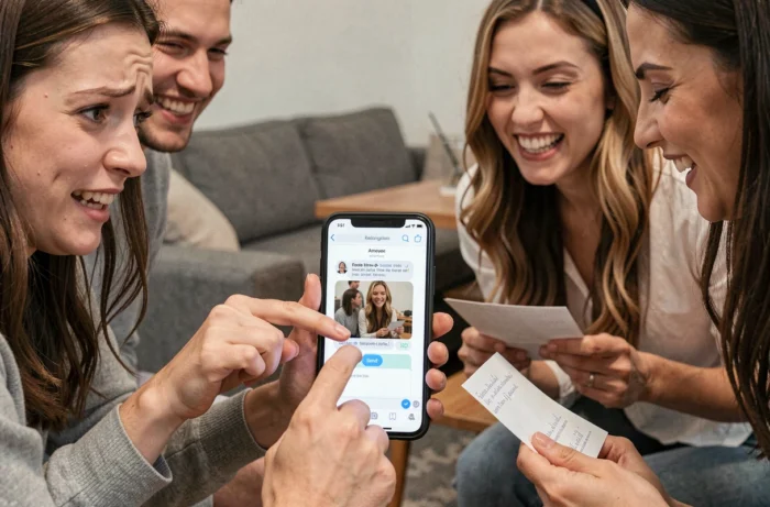 Femme hésitant à envoyer un message dicté par ses amis dans le cadre d'un gage téléphone