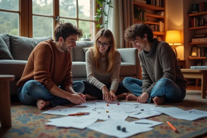 Groupe d'amis adultes créant un jeu de plateau fait main sur papier dans un salon convivial