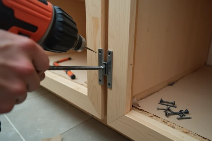 Gros plan de mains vissant une charnière de placard avec perceuse sans fil lors de travaux de rénovation cuisine, conseils bricolage