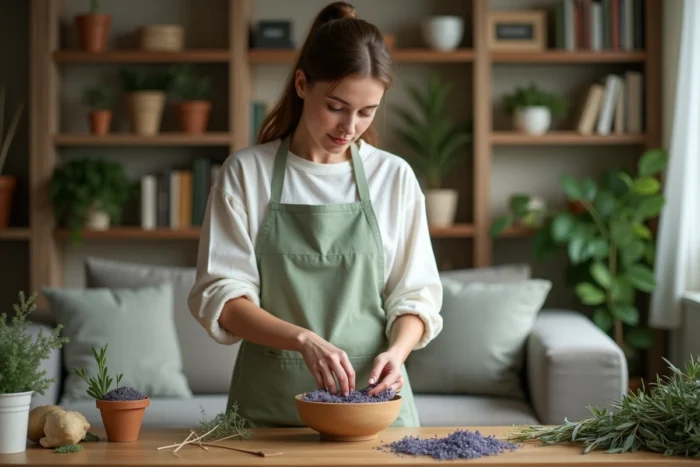 Femme disposant des herbes répulsives naturelles sur une étagère pour éloigner les ophobes du salon