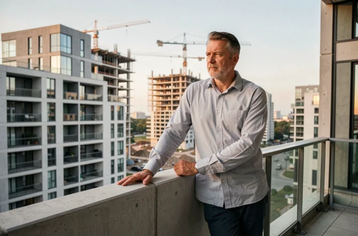 Homme quadragénaire sur le balcon d'un immeuble neuf contemplant un projet immobilier en construction