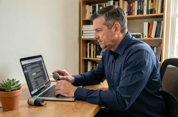 Homme au bureau configurant les paramètres du microphone sur un ordinateur portable pour résoudre un problème de recherche vocale