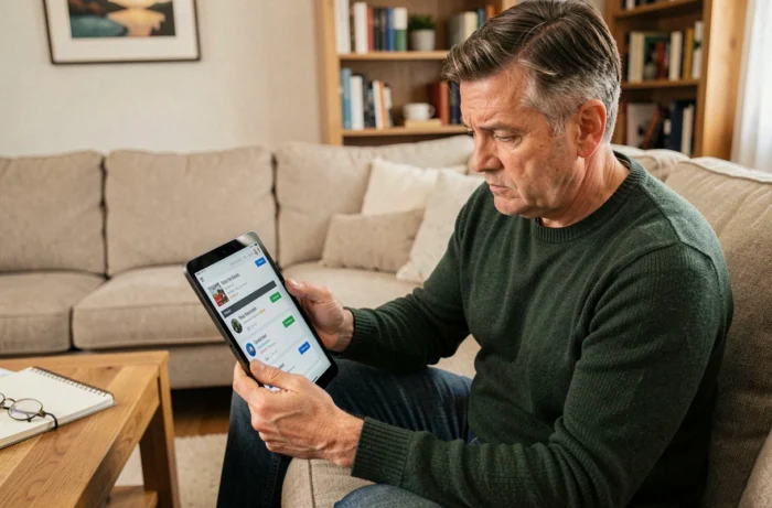 Homme consultant un comparateur d'assurance en ligne sur une tablette dans son salon