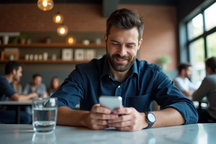 Homme envoyant un email à Cetelem depuis son smartphone dans un café urbain