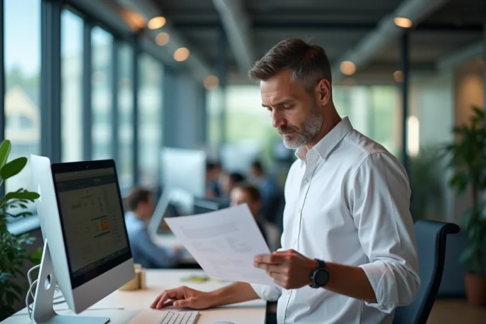 Homme gérant la file d'attente d'impression sur un iMac dans un bureau professionnel en open space