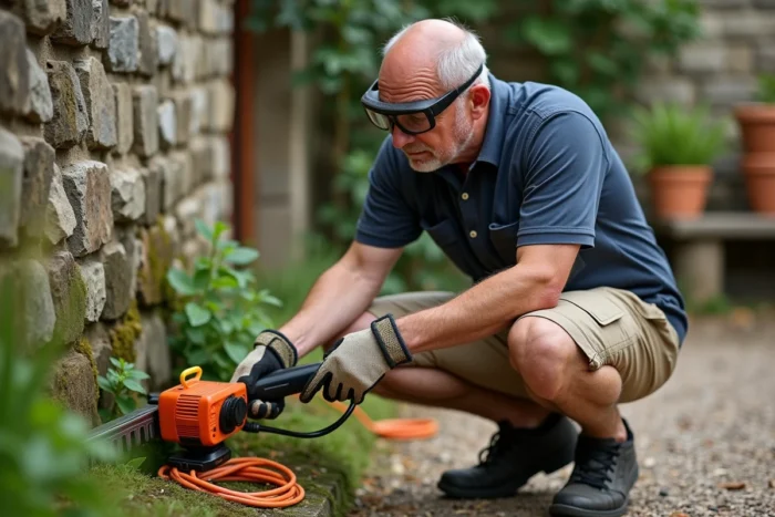 Homme inspectant la bobine de fil d'un rotofil électrique dans un coin de jardin