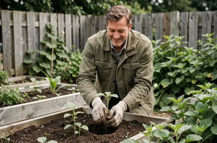 Homme épanoui cultivant son jardin potager comme expression de son autonomie et de son bien-être quotidien