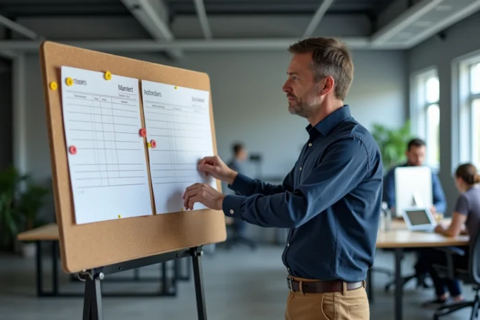 Homme debout devant un tableau de tâches dans un bureau en open space, consultant un planning imprimé avec des épingles colorées pour organiser ses priorités