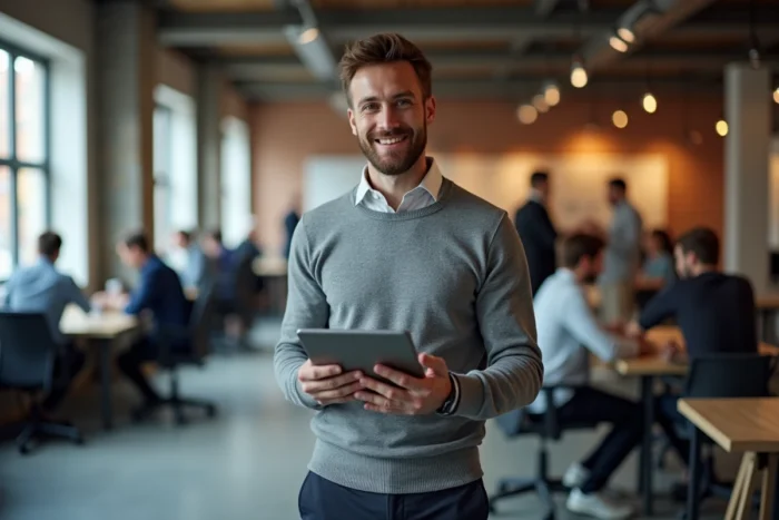 Homme consultant une plateforme d'emploi sur une tablette dans un espace de coworking moderne