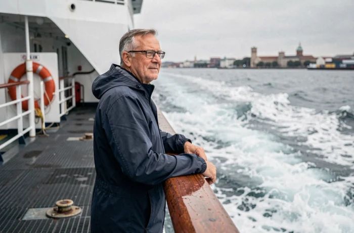 Homme expérimenté à la poupe d'un ferry observant le port qui s'éloigne, illustrant le choix stratégique de l'emplacement à bord
