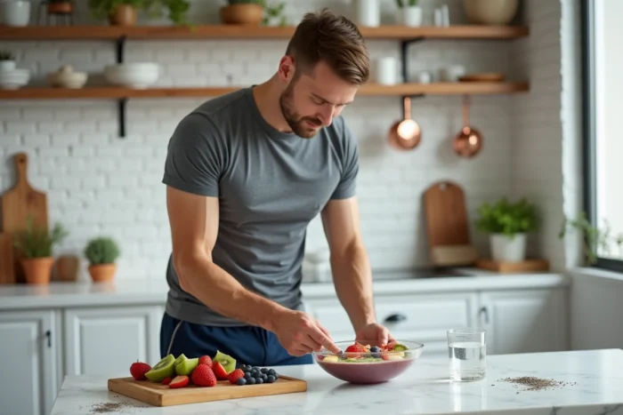Homme préparant un bol de smoothie healthy dans une cuisine moderne